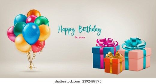 Festive birthday illustration with a bunch of colored helium balloons, several gift boxes with ribbons and bows and inscription Happy Birthday to you on light background