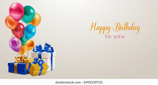 Festive birthday illustration with a bunch of colored helium balloons, several gift boxes with ribbons and bows and inscription Happy Birthday to you on light background