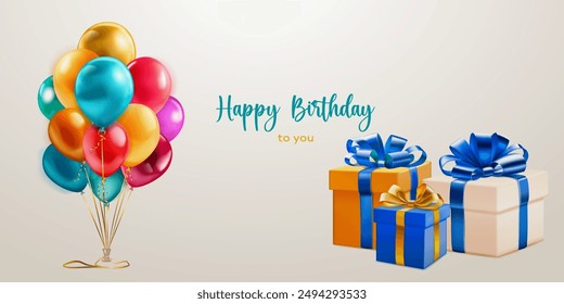 Festive birthday illustration with a bunch of colored helium balloons, several gift boxes with ribbons and bows and inscription Happy Birthday to you on light background