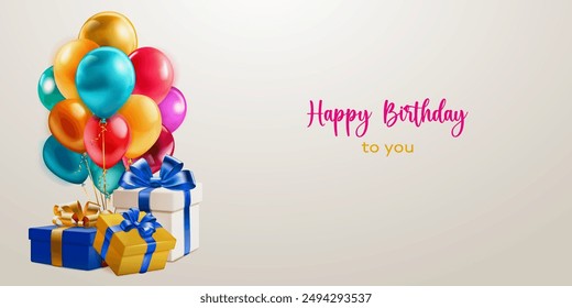 Festive birthday illustration with a bunch of colored helium balloons, several gift boxes with ribbons and bows and inscription Happy Birthday to you on light background