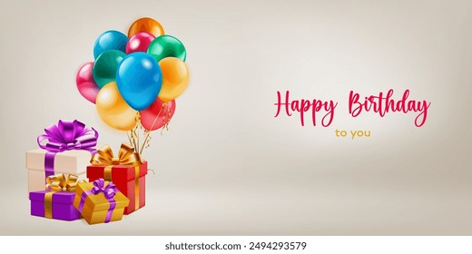 Festive birthday illustration with a bunch of colored helium balloons, several gift boxes with ribbons and bows and inscription Happy Birthday to you on light background