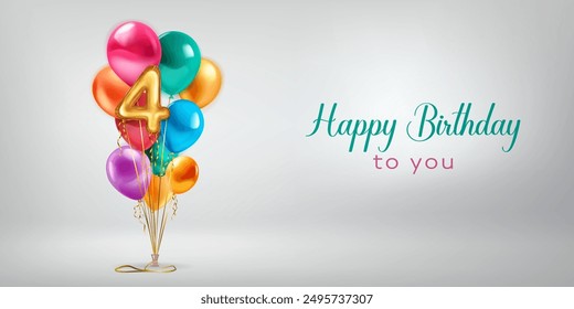 Festive birthday illustration with a bunch of colored helium balloons, golden foil balloon in the shape of the number 4 and lettering Happy Birthday to you on white background