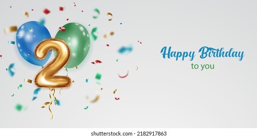 Festive birthday illustration with colored helium balloons, big number 2 golden foil balloon, flying shiny pieces of serpentine and inscription Happy Birthday on white background