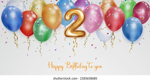 Festive birthday illustration with colored helium balloons, big number 2 golden foil balloon, flying shiny pieces of serpentine and inscription Happy Birthday on white background