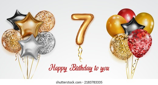 Festive birthday illustration with colored helium balloons, big number 7 golden foil balloon and inscription Happy Birthday on white background