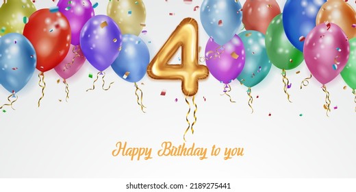 Festive birthday illustration with colored helium balloons, big number 4 golden foil balloon, flying shiny pieces of serpentine and inscription Happy Birthday on white background