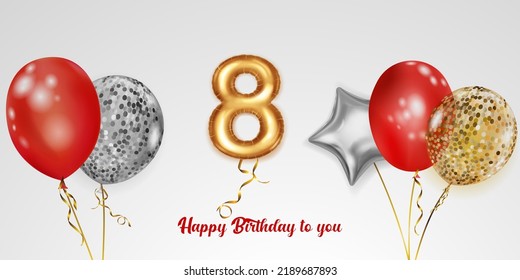 Festive birthday illustration with colored helium balloons, big number 8 golden foil balloon and inscription Happy Birthday on white background