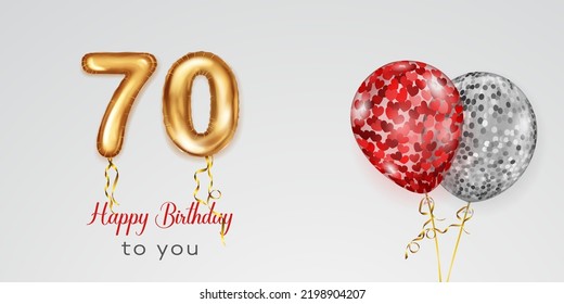 Festive birthday illustration with colored helium balloons, big number 70 golden foil balloon and inscription Happy Birthday on white background