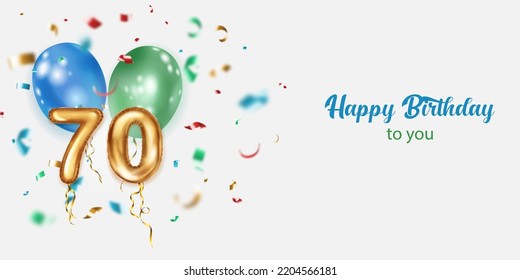 Festive birthday illustration with colored helium balloons, big number 70 golden foil balloon, flying shiny pieces of serpentine and inscription Happy Birthday on white background