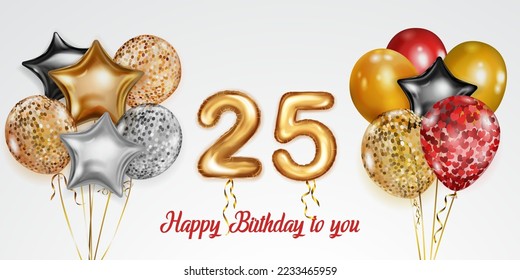 Festive birthday illustration with colored helium balloons, big number 25 golden foil balloon and inscription Happy Birthday on white background