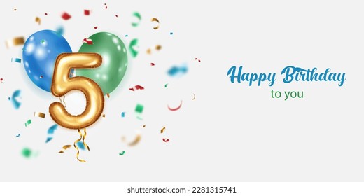 Festive birthday illustration with colored helium balloons, big number 5 golden foil balloon, flying shiny pieces of serpentine and inscription Happy Birthday on white background