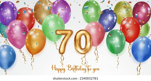Festive birthday illustration with colored helium balloons, big number 70 golden foil balloon, flying shiny pieces of serpentine and inscription Happy Birthday on white background