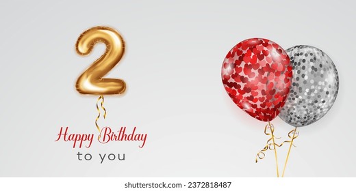 Festive birthday illustration with colored helium balloons, big number 2 golden foil balloon and inscription Happy Birthday on white background