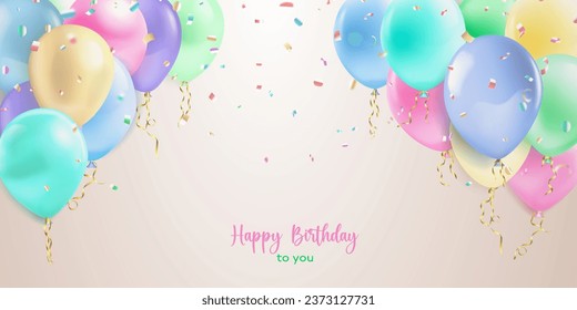 Festive birthday illustration in pastel colors with a helium balloons, pieces of serpentine and lettering Happy Birthday to you on beige background