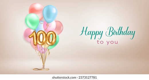 Festive birthday illustration in pastel colors with a bunch of helium balloons, golden foil balloons in the shape of the number 100 and lettering Happy Birthday to you on beige background
