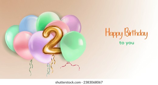 Festive birthday illustration in pastel colors with a several of helium balloons, golden foil balloon in the shape of the number 2 and lettering Happy Birthday to you on beige background