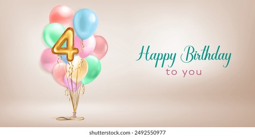 Festive birthday illustration in pastel colors with a bunch of helium balloons, golden foil balloon in the shape of the number 4 and lettering Happy Birthday to you on beige background