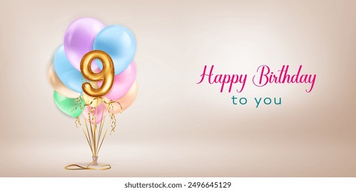 Festive birthday illustration in pastel colors with a bunch of helium balloons, golden foil balloon in the shape of the number 9 and lettering Happy Birthday to you on beige background