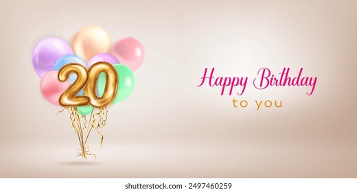 Festive birthday illustration in pastel colors with a bunch of helium balloons, golden foil balloons in the shape of the number 20 and lettering Happy Birthday to you on beige background