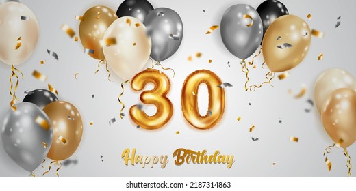 Festive birthday illustration with white, black and gold helium balloons, big number 30 golden foil balloon, flying shiny pieces of serpentine and inscription Happy Birthday on light background