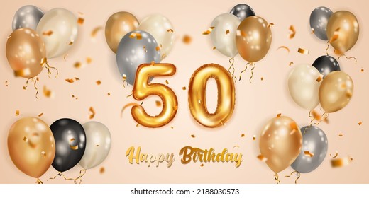 Festive birthday illustration with white, black and gold helium balloons, big number 50 golden foil balloon, flying shiny pieces of serpentine and inscription Happy Birthday on light background