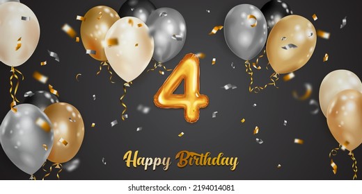Festive birthday illustration with white, black and gold helium balloons, big number 4 golden foil balloon, flying shiny pieces of serpentine and inscription Happy Birthday on dark background