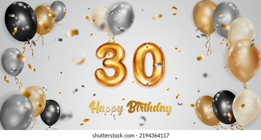 Festive birthday illustration with white, black and gold helium balloons, big number 30 golden foil balloon, flying shiny pieces of serpentine and inscription Happy Birthday on light background