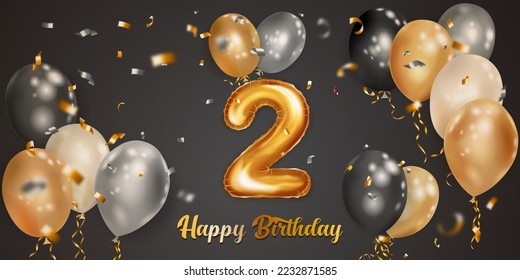 Festive birthday illustration with white, black and gold helium balloons, big number 2 golden foil balloon, flying shiny pieces of serpentine and inscription Happy Birthday on dark background