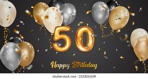 Festive birthday illustration with white, black and gold helium balloons, big number 50 golden foil balloon, flying shiny pieces of serpentine and inscription Happy Birthday on dark background