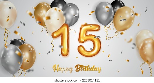 Festive birthday illustration with white, black and gold helium balloons, big number 15 golden foil balloon, flying shiny pieces of serpentine and inscription Happy Birthday on light background