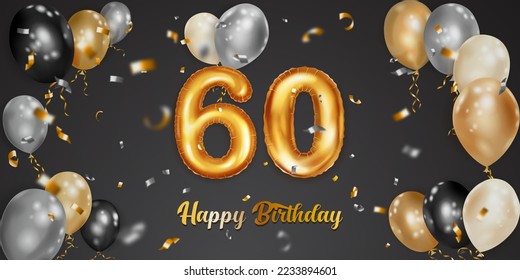 Festive birthday illustration with white, black and gold helium balloons, big number 60 golden foil balloon, flying shiny pieces of serpentine and inscription Happy Birthday on dark background