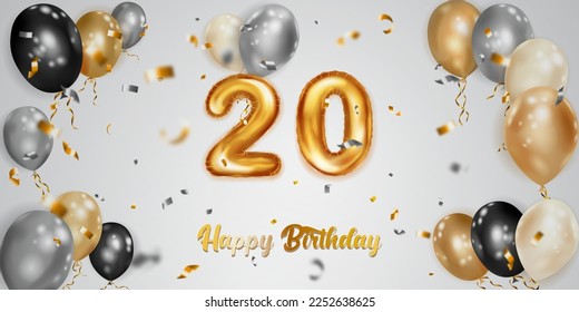 Festive birthday illustration with white, black and gold helium balloons, big number 20 golden foil balloon, flying shiny pieces of serpentine and inscription Happy Birthday on light background