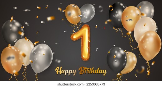 Festive birthday illustration with white, black and gold helium balloons, big number 1 golden foil balloon, flying shiny pieces of serpentine and inscription Happy Birthday on dark background