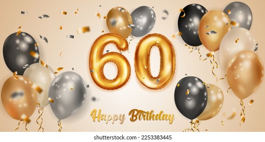 Festive birthday illustration with white, black and gold helium balloons, big number 60 golden foil balloon, flying shiny pieces of serpentine and inscription Happy Birthday on light background