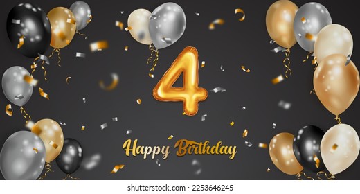 Festive birthday illustration with white, black and gold helium balloons, big number 4 golden foil balloon, flying shiny pieces of serpentine and inscription Happy Birthday on dark background