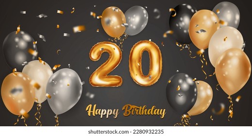 Festive birthday illustration with white, black and gold helium balloons, big number 20 golden foil balloon, flying shiny pieces of serpentine and inscription Happy Birthday on dark background