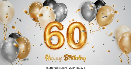 Festive birthday illustration with white, black and gold helium balloons, big number 60 golden foil balloon, flying shiny pieces of serpentine and inscription Happy Birthday on light background