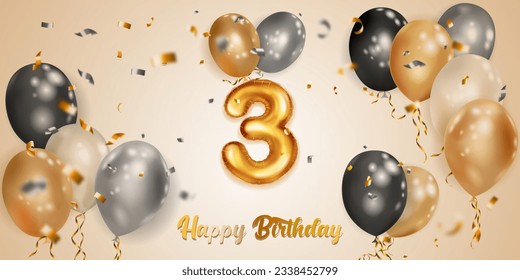 Festive birthday illustration with white, black and gold helium balloons, big number 3 golden foil balloon, flying shiny pieces of serpentine and inscription Happy Birthday on light background