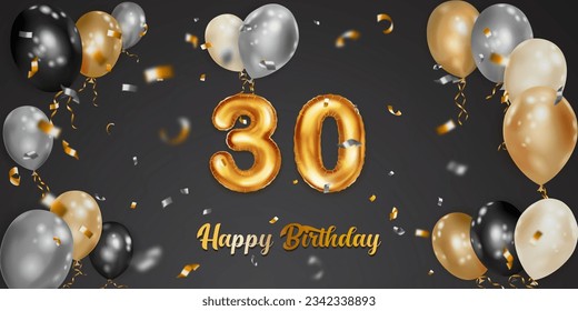 Festive birthday illustration with white, black and gold helium balloons, big number 30 golden foil balloon, flying shiny pieces of serpentine and inscription Happy Birthday on dark background