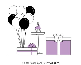 Festive birthday party with balloons and some gifts also cupcakes, vector illustration.