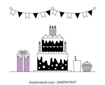 Festive birthday party celebration with special cake, vector illustration.