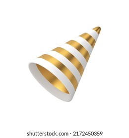 Festive birthday party cone hat holiday event celebration realistic 3d icon vector illustration. Premium striped golden white carnival funny cap headdress costume diagonal placed surprise accessory