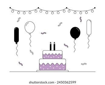 Festive birthday party with confetti and balloons and decorative lights, vector illustration.