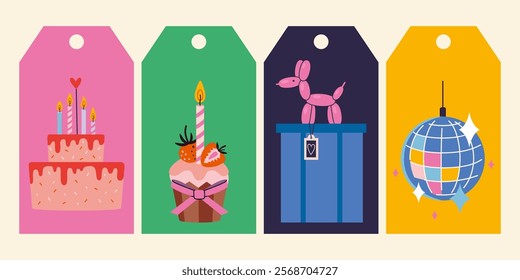 Festive Birthday party gift tags and cards. Cute bright celebration elements like cupcake, cake with candles and Mirror Disco Ball. Trendy modern vector illustration, flat design