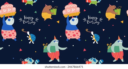 Festive birthday pattern: funny characters carry gifts. Panda, sloth, turtle, raccoon, capybara go to the party. Vector hand drawn illustration on a dark background.