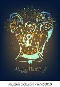 Festive birthday postcard with decorative yellow, blue angel, eps10.