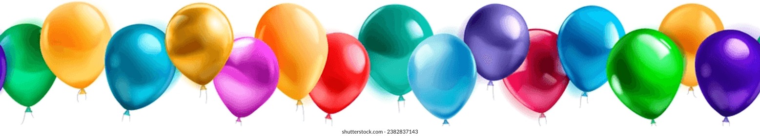 Festive birthday seamless banner with a colored helium balloons and pieces of serpentine on white background