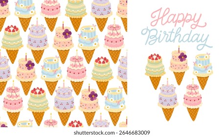 Festive birthday set with seamless pattern and hand-drawn lettering card featuring trendy Korean mini cakes on waffle cones. Cute and stylish pastel vector. Single dessert to take away.