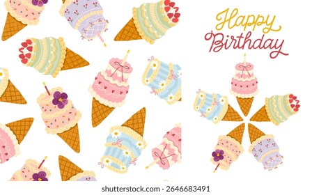 Festive birthday set with seamless pattern and hand-drawn lettering card featuring trendy Korean mini cakes on waffle cones. Cute and stylish pastel cakes. Single dessert to take away.