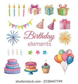 Vector de cumpleaños festivo con coloridas decoraciones: globos, regalos, velas, fuegos artificiales y pasteles. ¡Ideal para invitaciones de fiesta, tarjetas de felicitación y diseños de celebración!